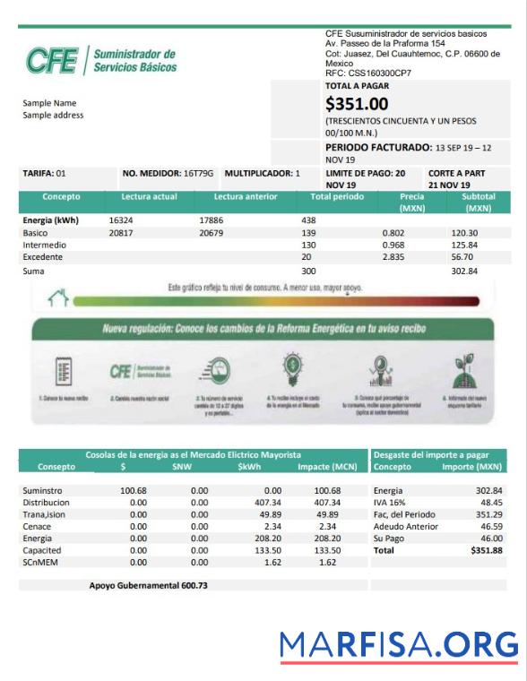 Blank Mexico Electricity CFE utility bill template in Word and PDF format, fully editable